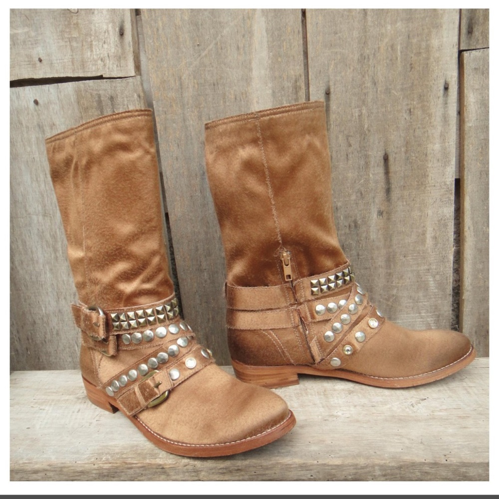 Ash Gold Boot Cult Western, Golden Brown Studded Triple Straps, EU Sz 36.5